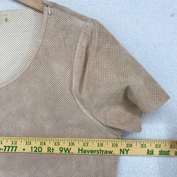 ECRU Brand Top Womens S Suede Leather Short Sleeve Scoop Neck Minimalist Beige - Picture 11 of 13
